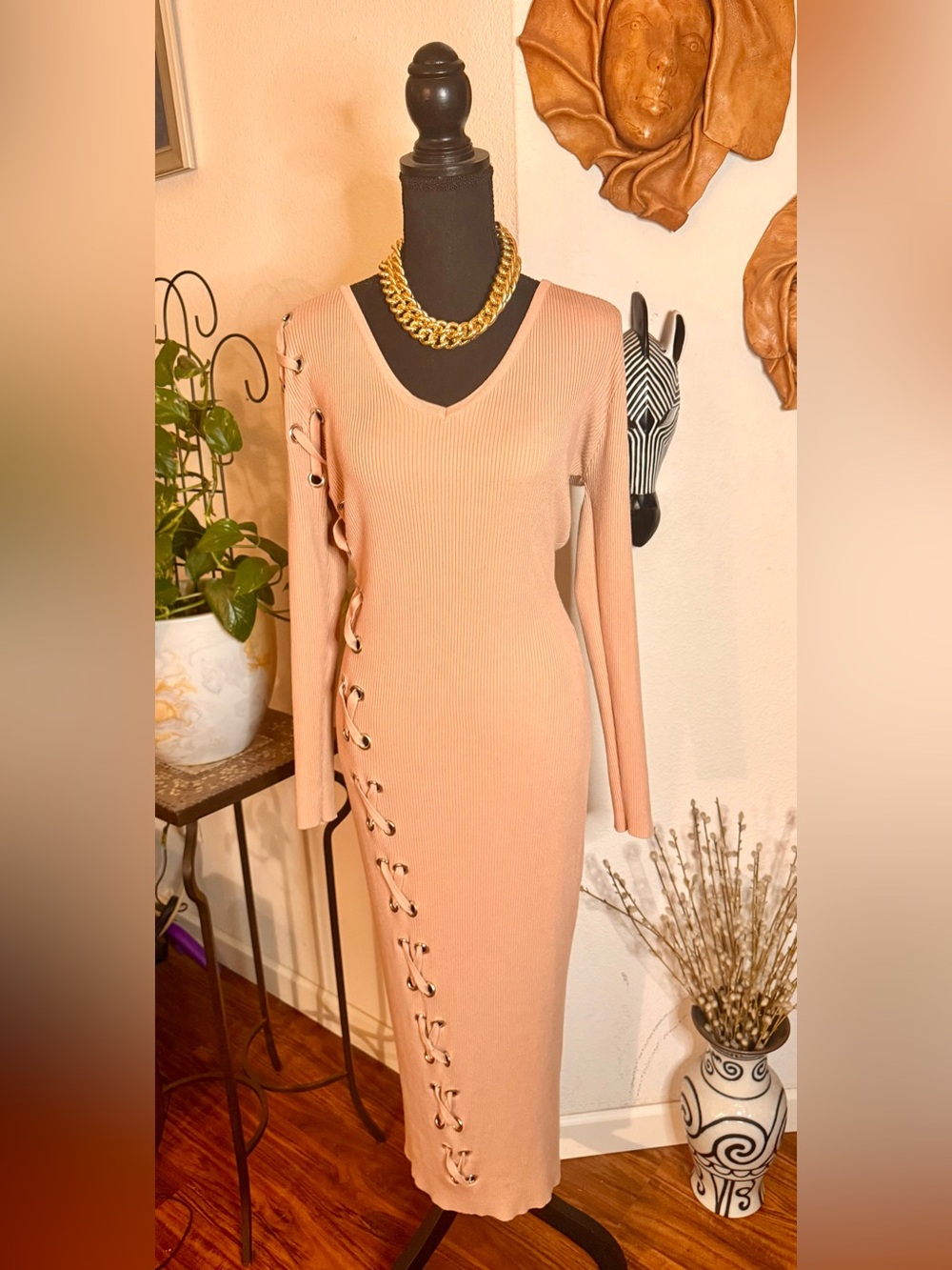 Fashion Nova Taupe Ribbed Maxi Dress With Grommet Detail